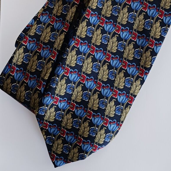 Sazzari Men's Necktie Silk Made in Italy Formal Blue Green leaf red flower 4X57" - Picture 1 of 5